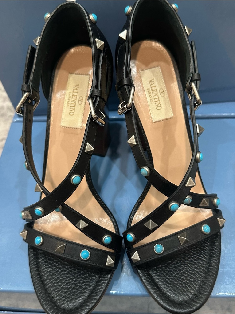 Valentino Black Leather Rockstud Studded Sandals with Turquoise Studs